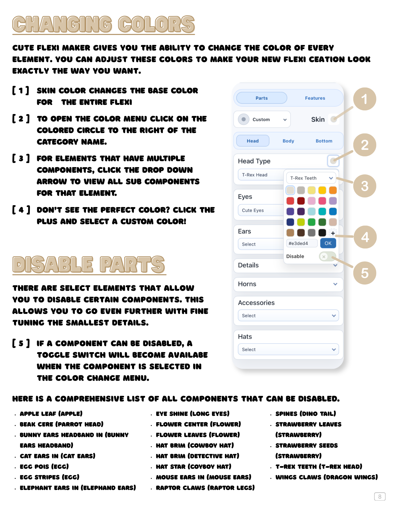 Screenshot of the Cute Flexi Maker color picker with numbered callouts.